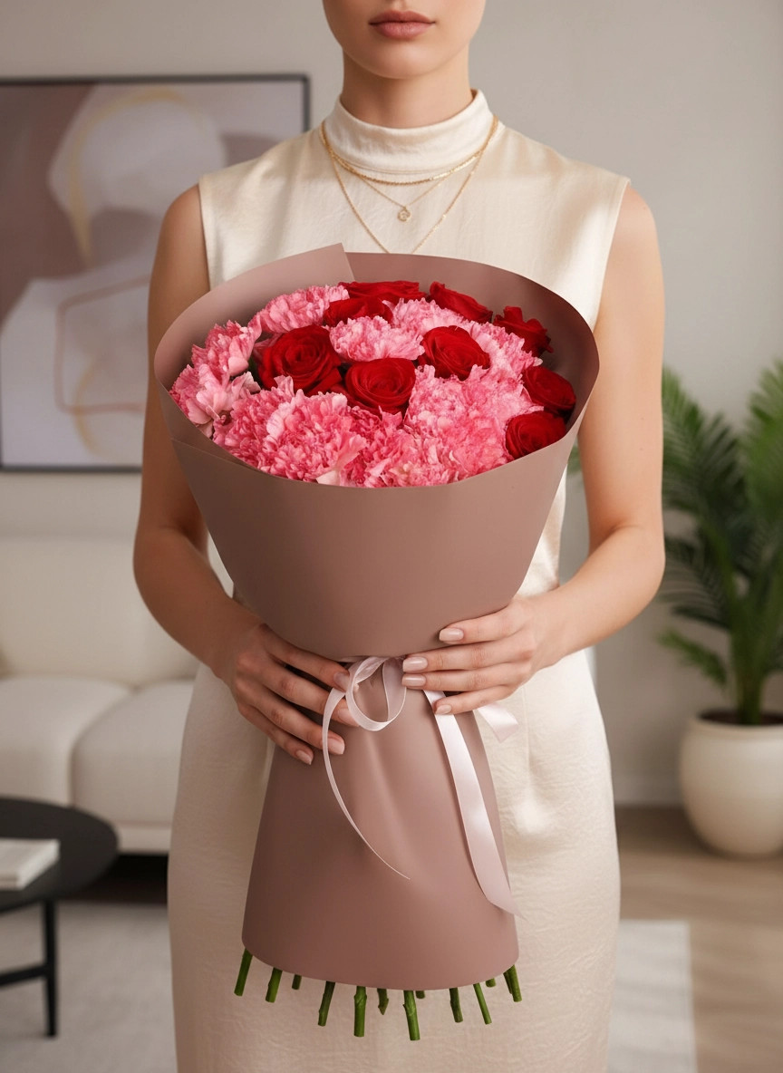 9 Gül Ve 12 Pembe Karanfil Buketi