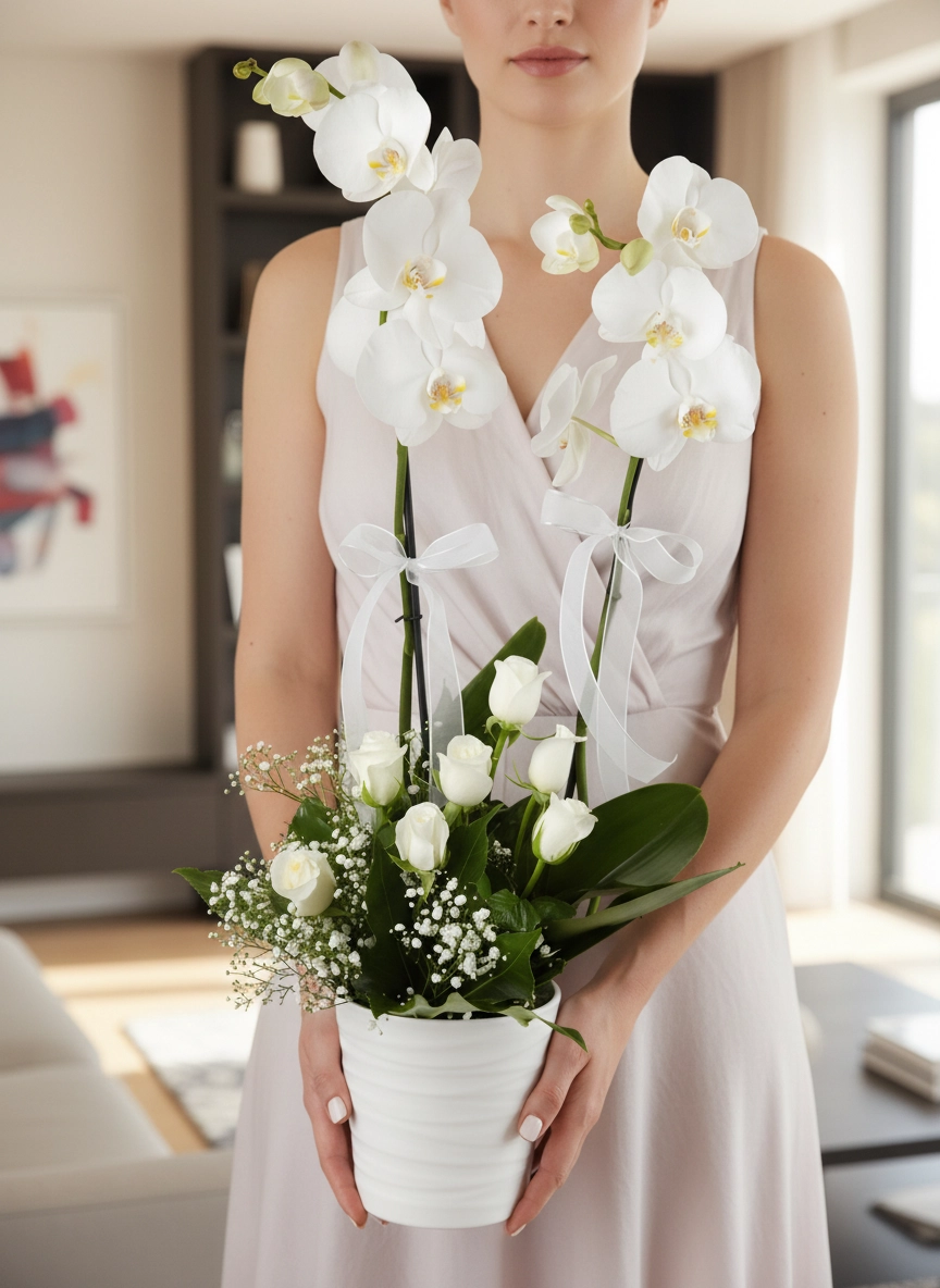 Seramik Vazoda Çift Dallı Beyaz Orkideler