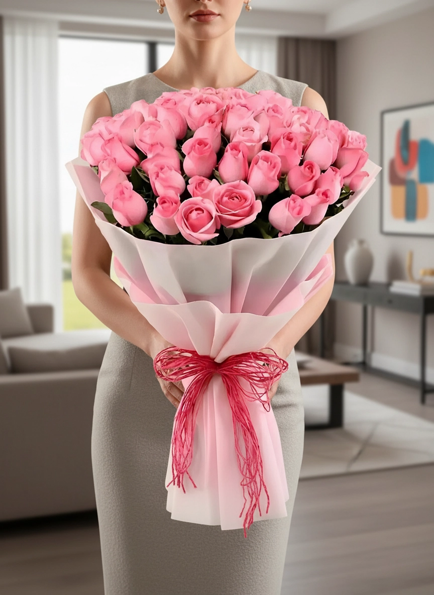 Premium 50 Tane Pembe Gül Buketi