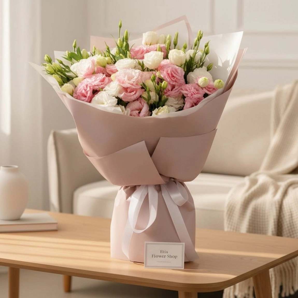 15 Beyaz Gül Ve Pembe Buket