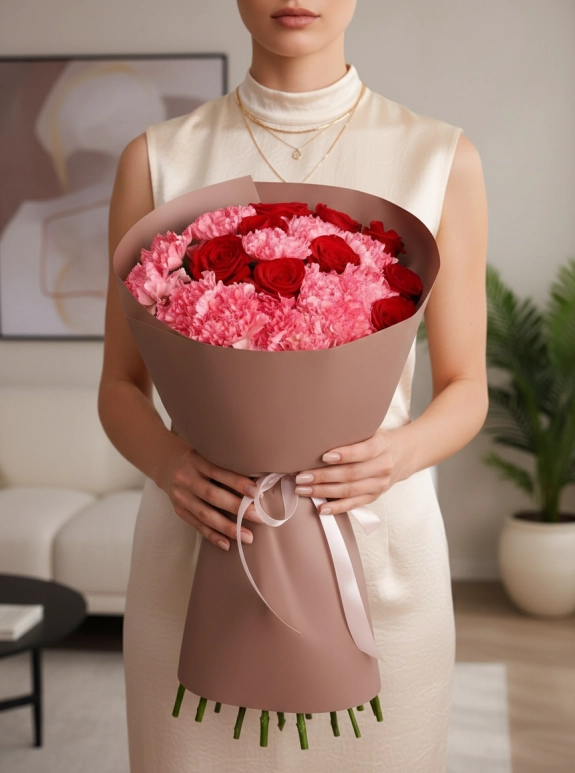 9 Gül Ve 12 Pembe Karanfil Buketi