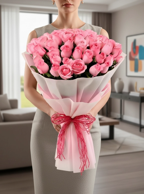 Premium 50 Tane Pembe Gül Buketi